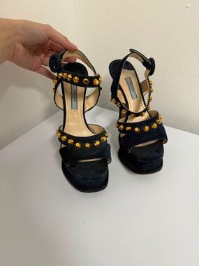 Prada Black Suede Platform Heels with Gold Studs